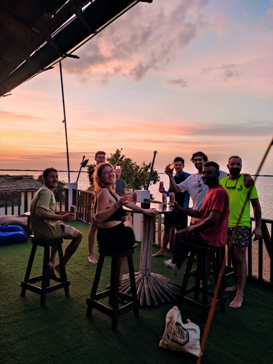Margarita kite school community — guests at sunset by Kalpitiya lagoon Sri Lanka