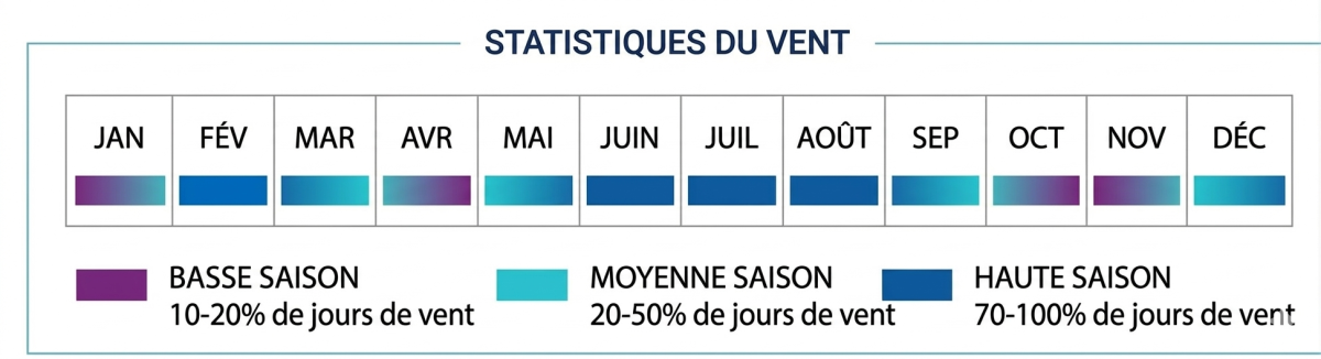 Statistiques de vent à Kalpitiya — saison de kitesurf au Sri Lanka mois par mois